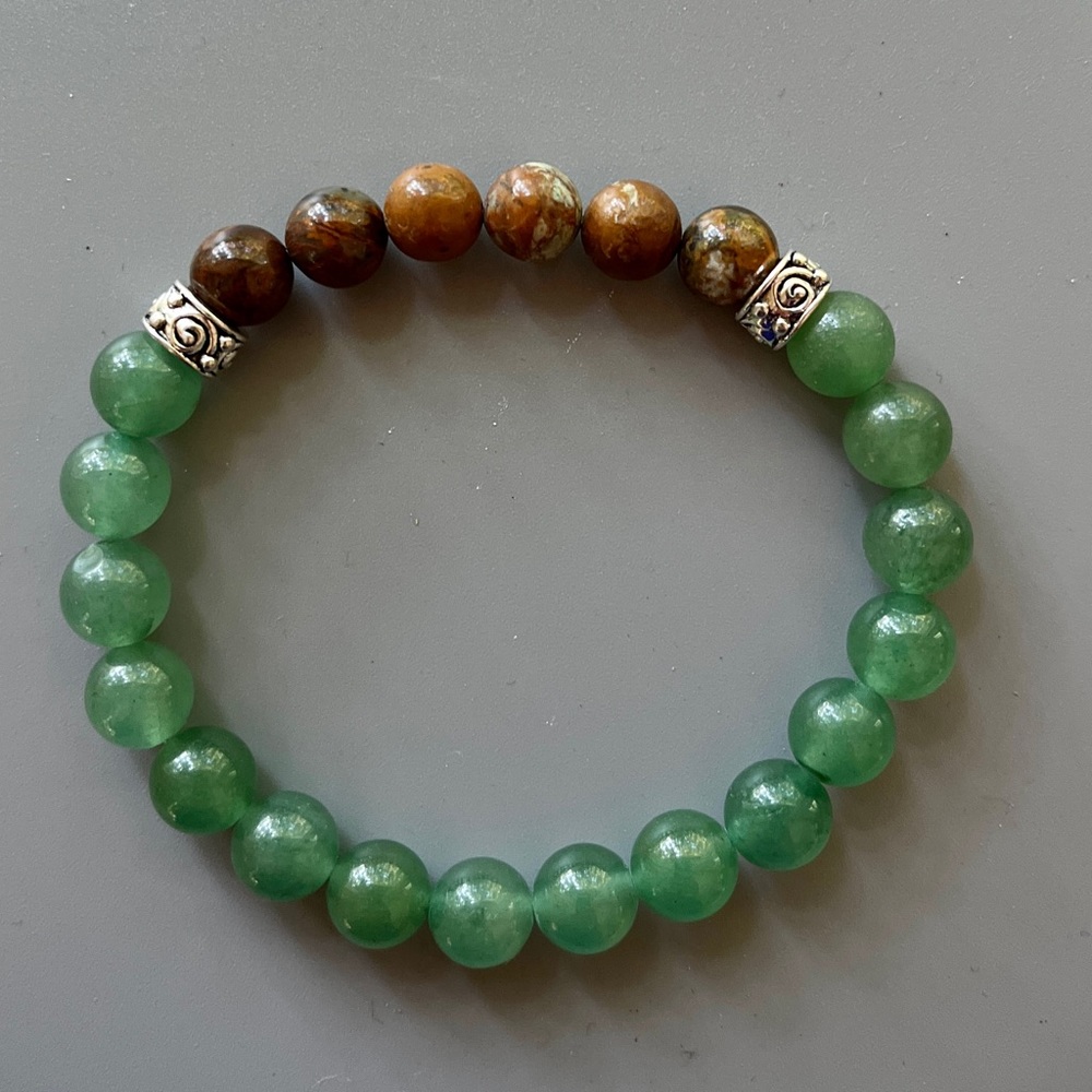 African Natural Coffee Brown Opal and Green Jade Handcrafted Bead Bracelet - Picture 2 of 7